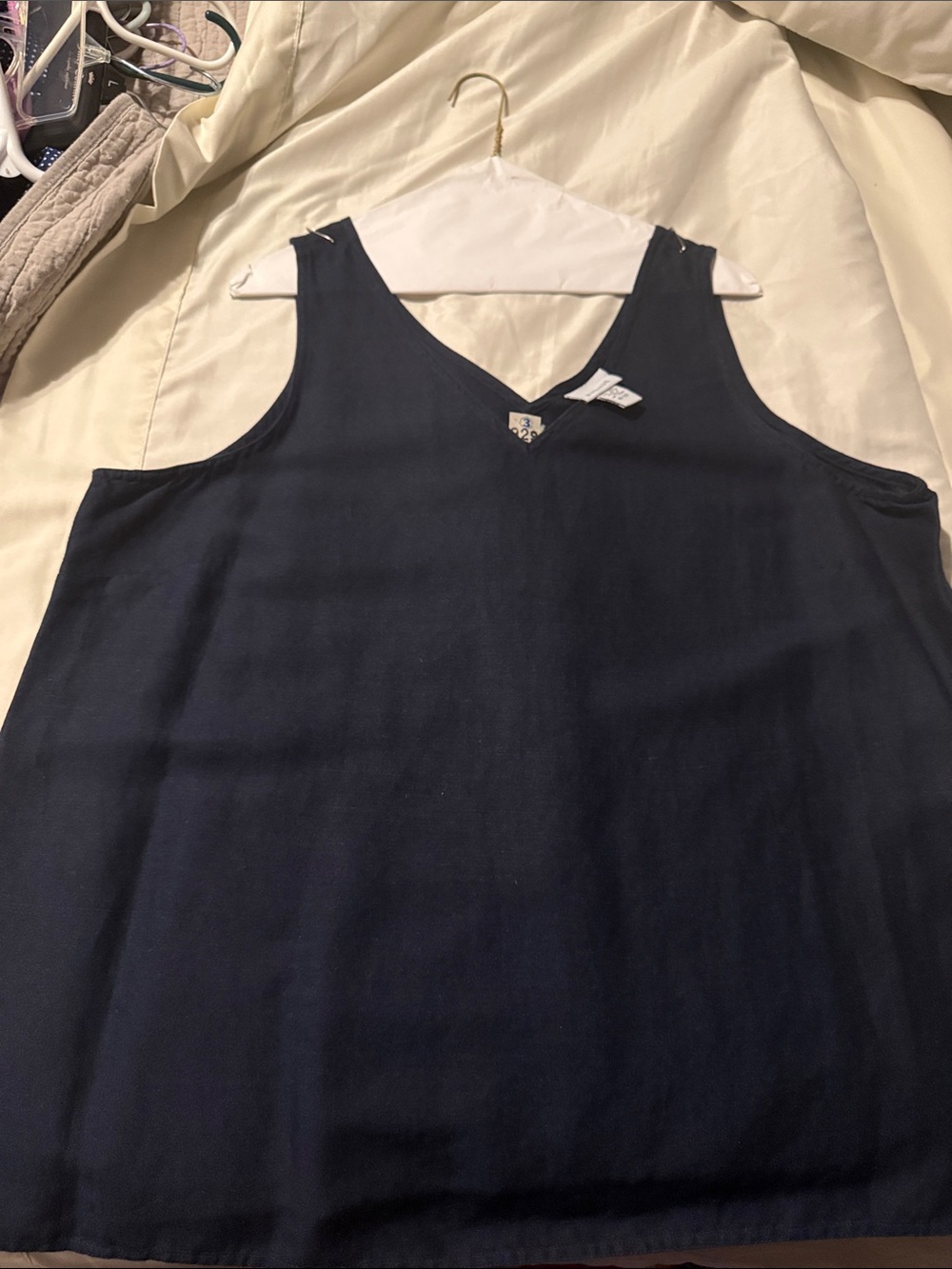 Avenue 3 piece linen set - Navy Sleeveless V-Neck Tank Top, Navy Shirt and Pant.